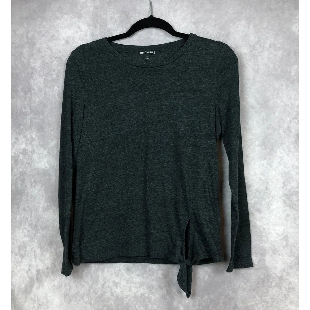 J. Crew Mercantile Top Women Small Gray Shirt Tie Waist Long Sleeve Cotton Blend